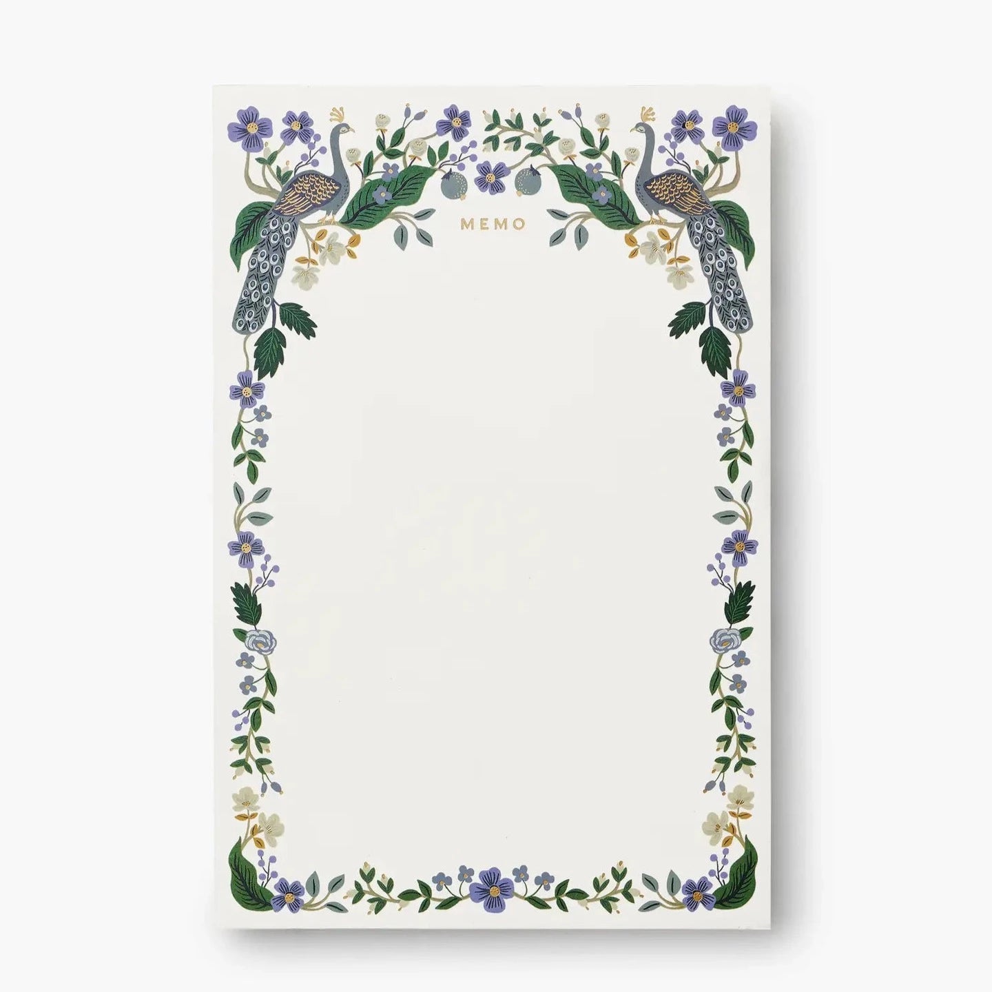 white memo pad with the word &quot;memo&quot; printed in gold foil at the top. Around the borders of the page are blue peacocks and blue flowers with greenery