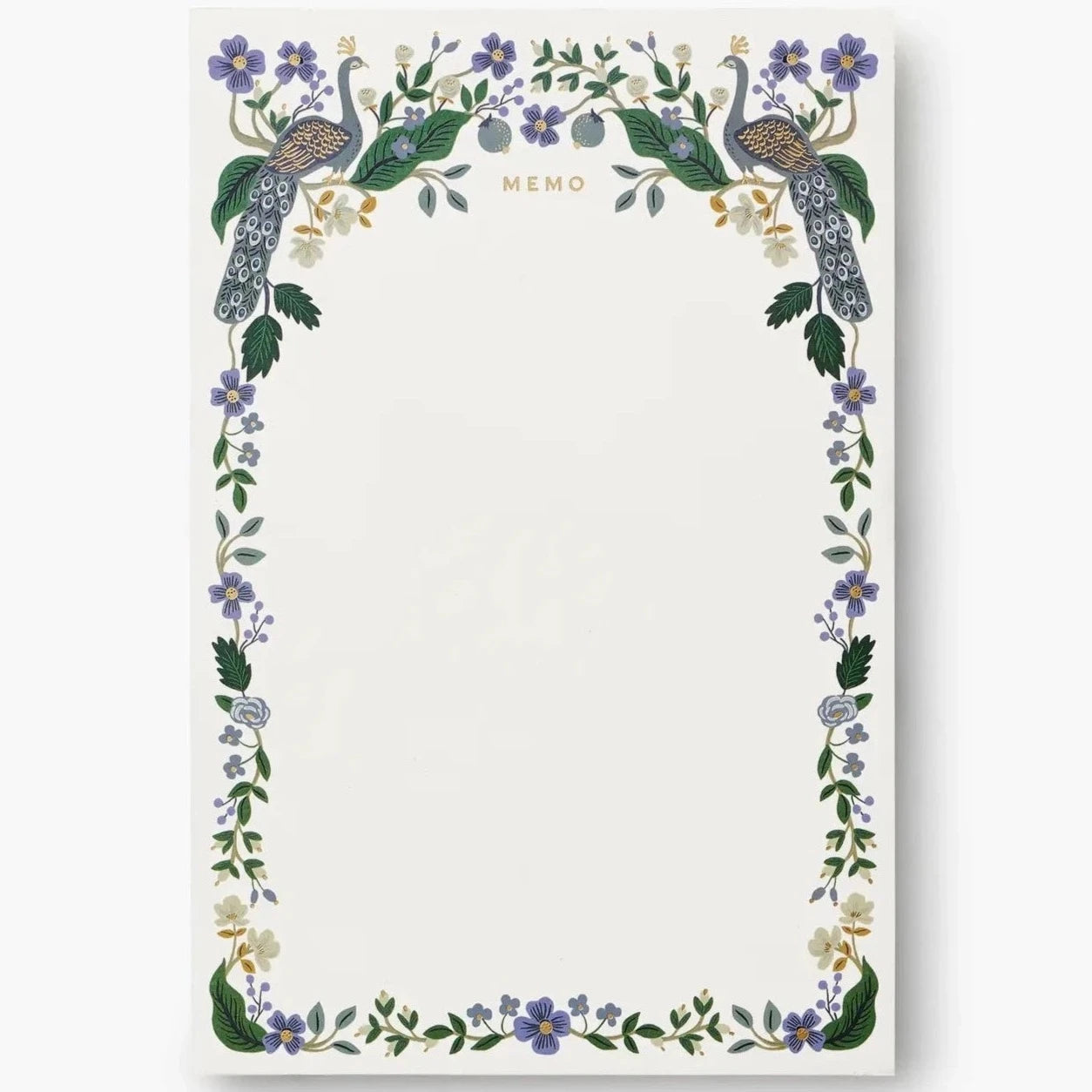 white memo pad with the word &quot;memo&quot; printed in gold foil at the top. Around the borders of the page are blue peacocks and blue flowers with greenery