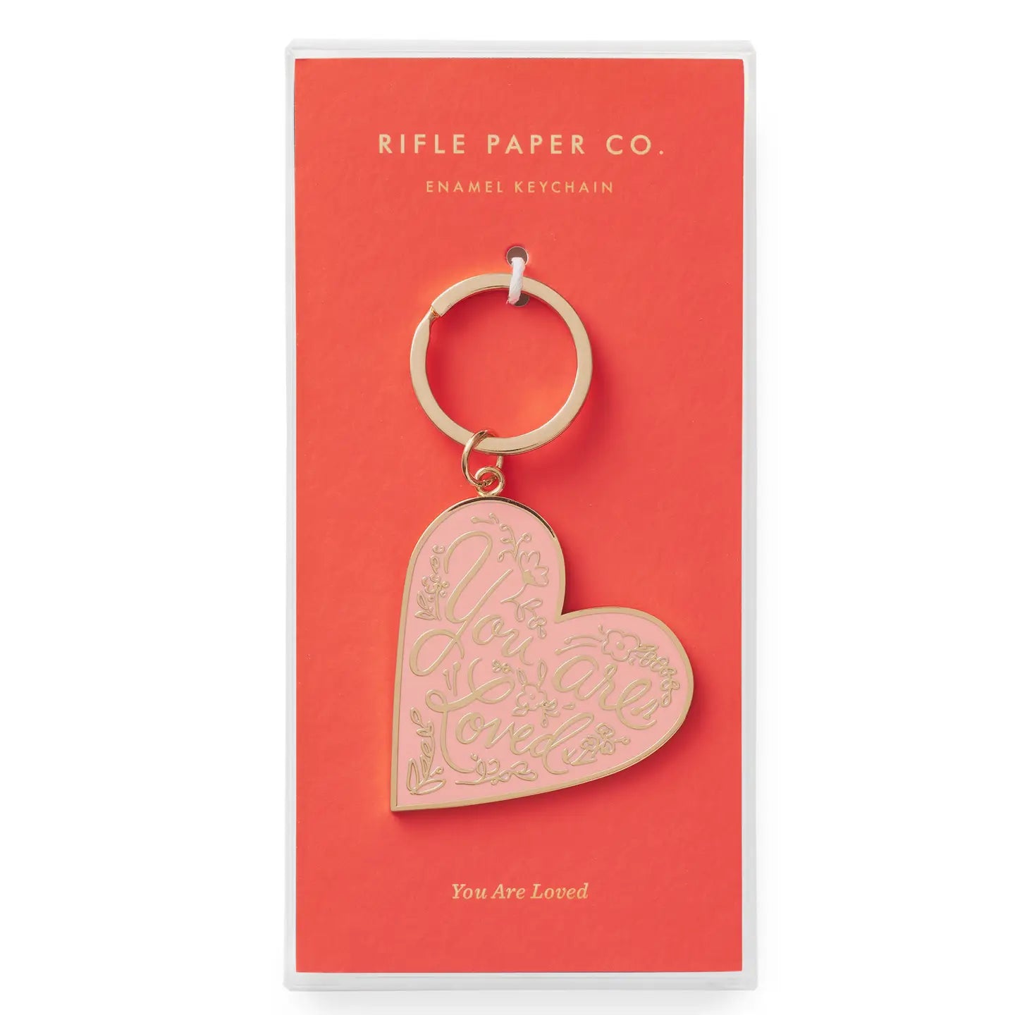 pink heart keychain that says "you are loved" on it