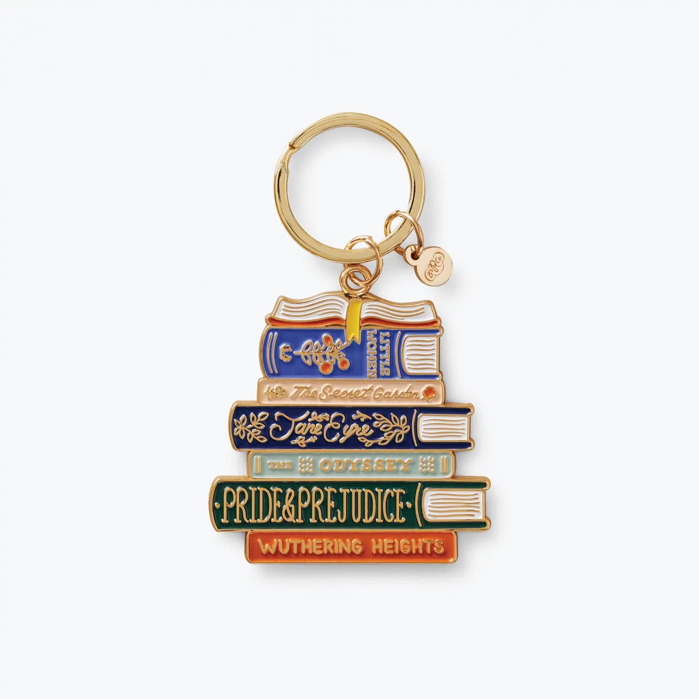 stack of books on gold key ring