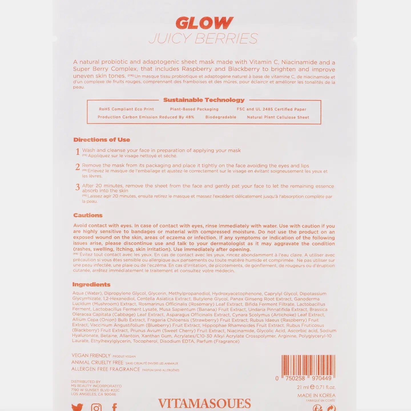 Back of a Vitamasques sheet mask packaging with text and branding.