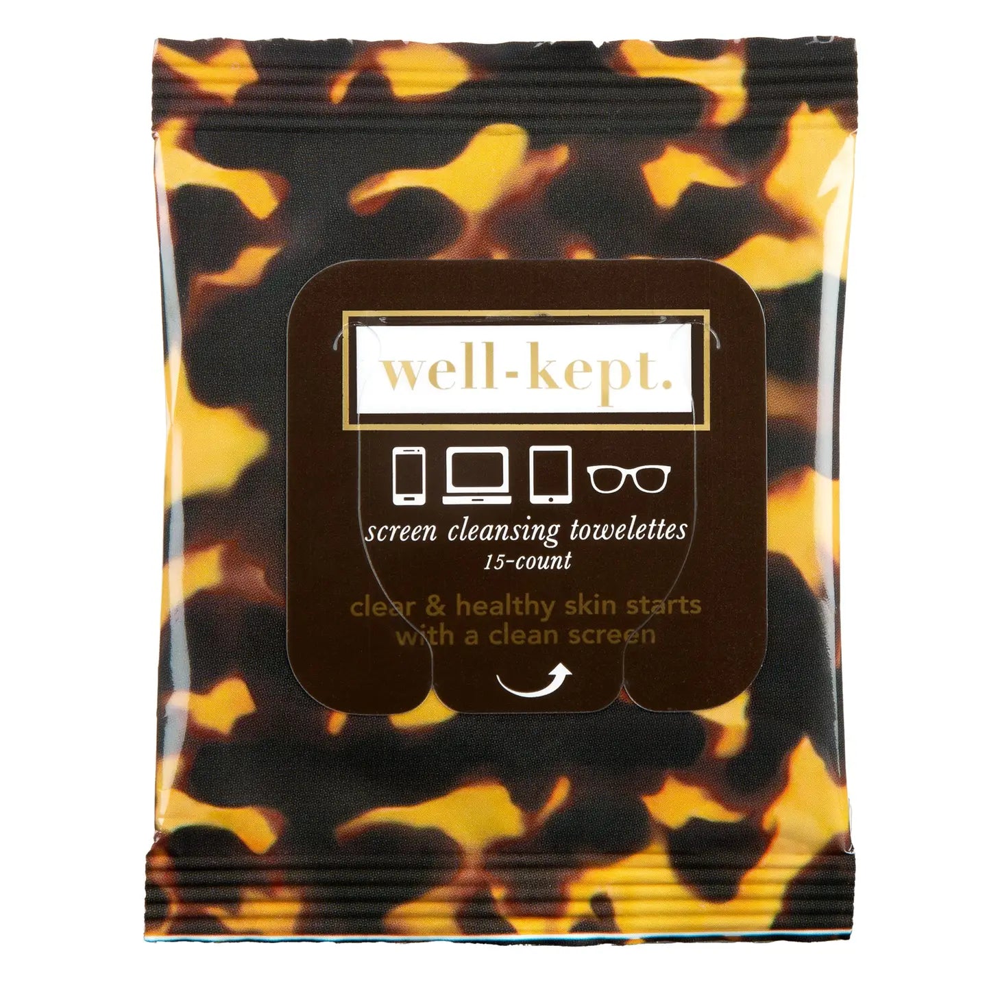 Pack of well-kept screen cleansing towelettes with tortoiseshell pattern