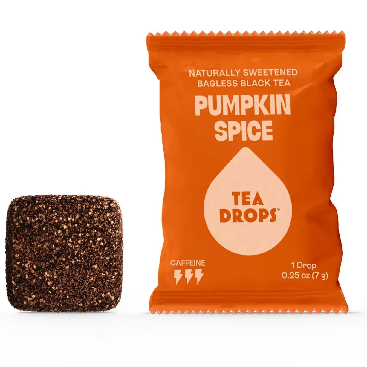 Pumpkin Spice Tea Drop next to orange packaging.