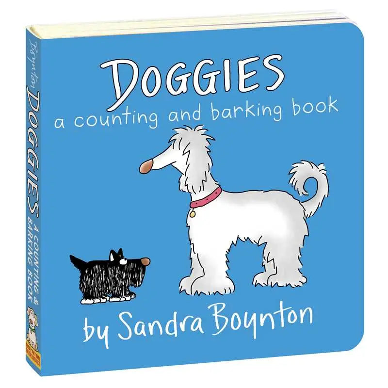 Children's book titled 'Doggies: A Counting and Barking Book' by Sandra Boynton with illustrations of two dogs on a blue background.