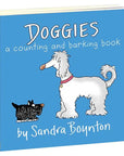 Children's book titled 'Doggies: A Counting and Barking Book' by Sandra Boynton with illustrations of two dogs on a blue background.