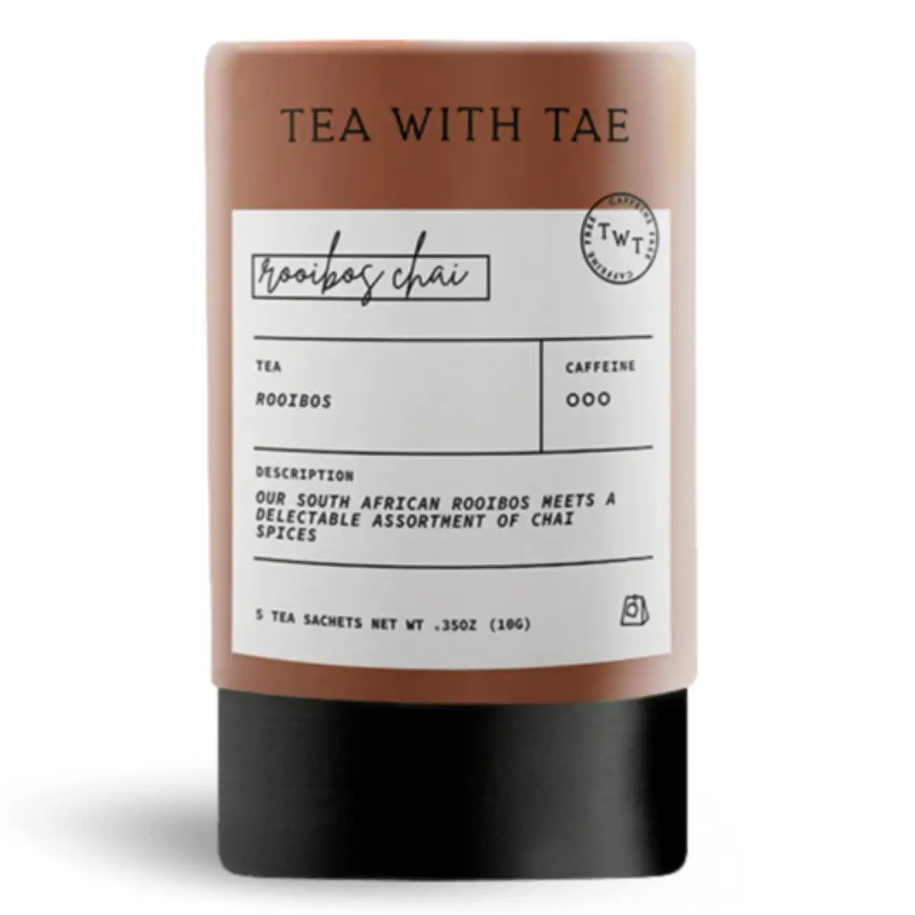 A tea sachet container labeled 'TEA WITH TAE' and 'rootbox chai', with a warm brown upper section, white label panel, and black base, shown on a light gray background.