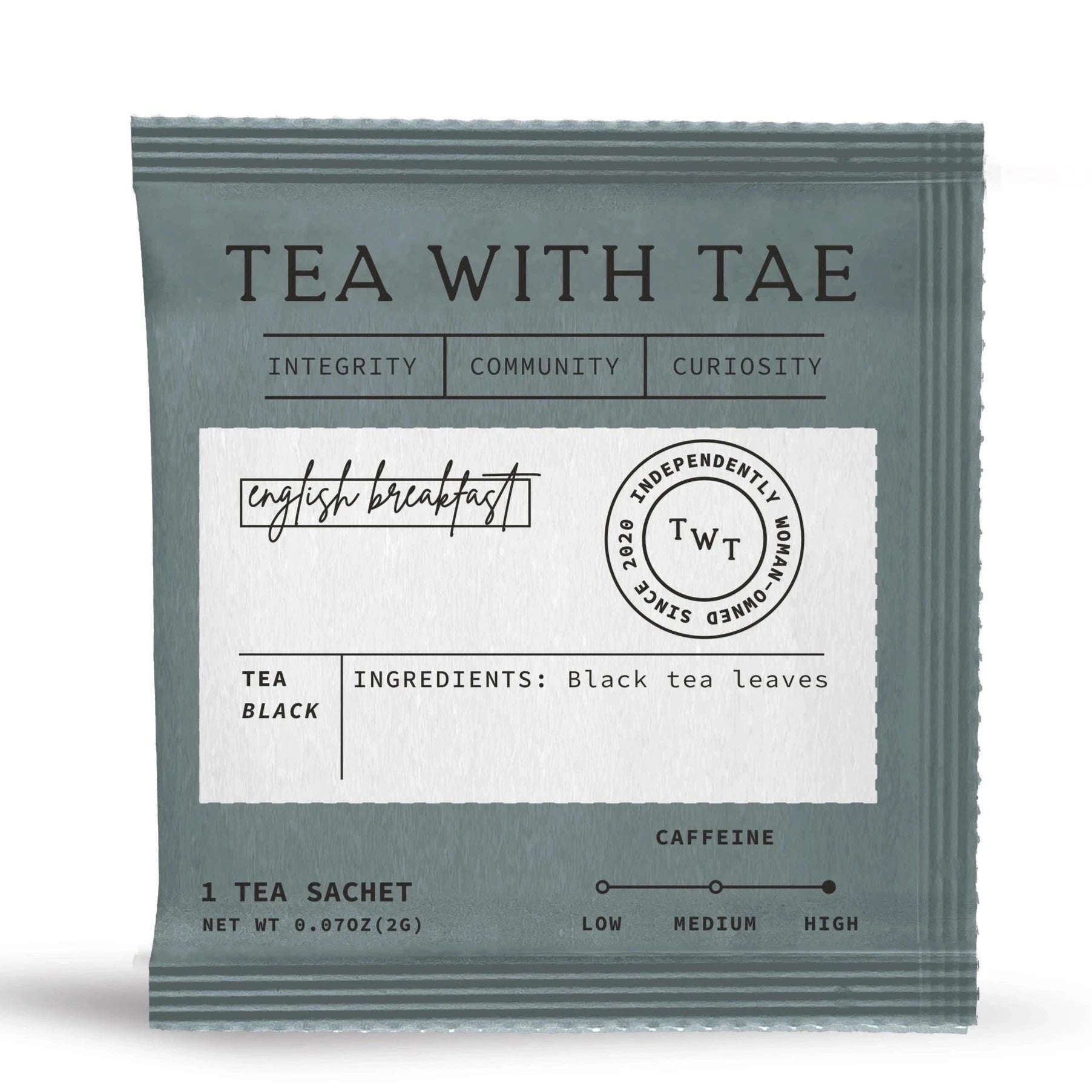 blue tea sachet with black text