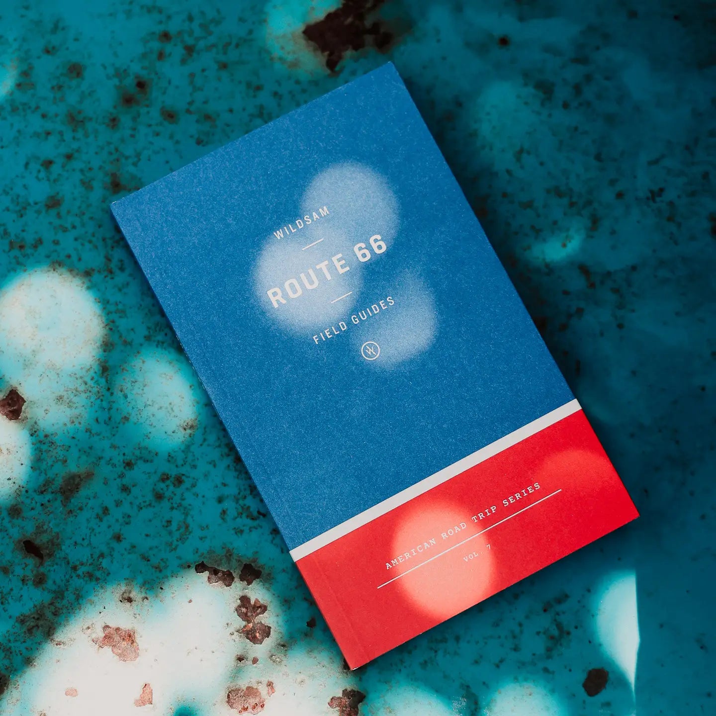 Blue and red book titled 'Route 66 Field Guides' on a textured blue surface