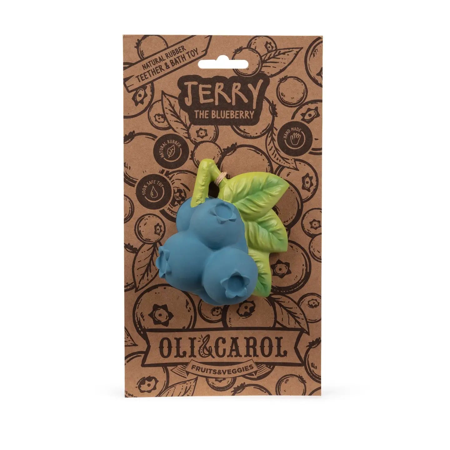 Blueberry-shaped teething toy on Oli &amp; Carol packaging
