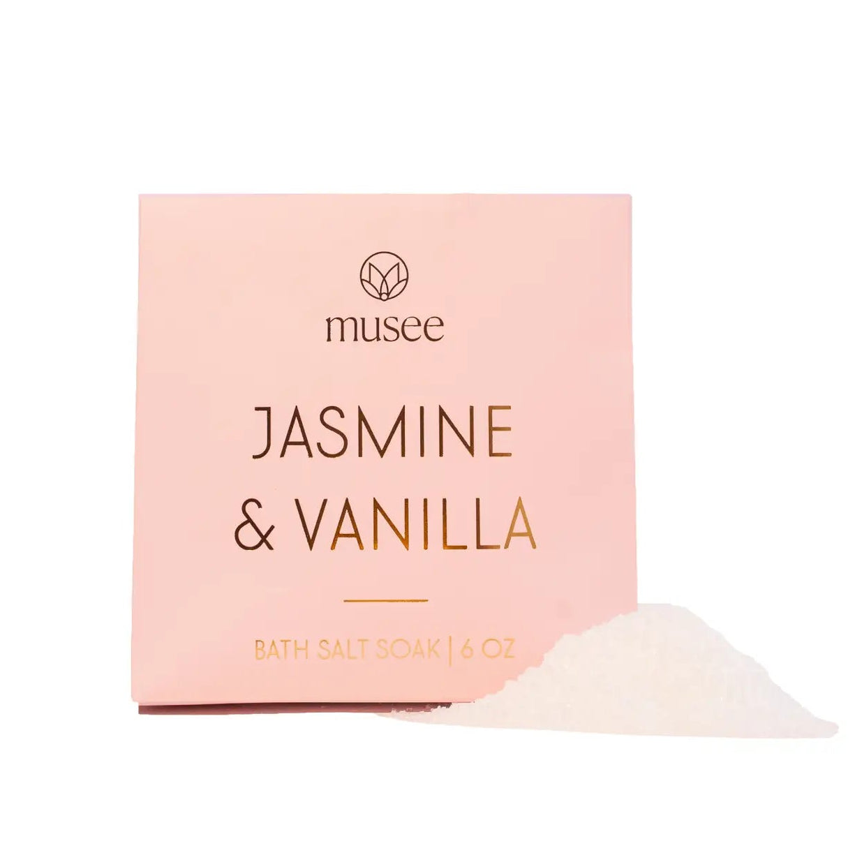 Bath salt box labeled 'Jasmine & Vanilla' by musee on a white background