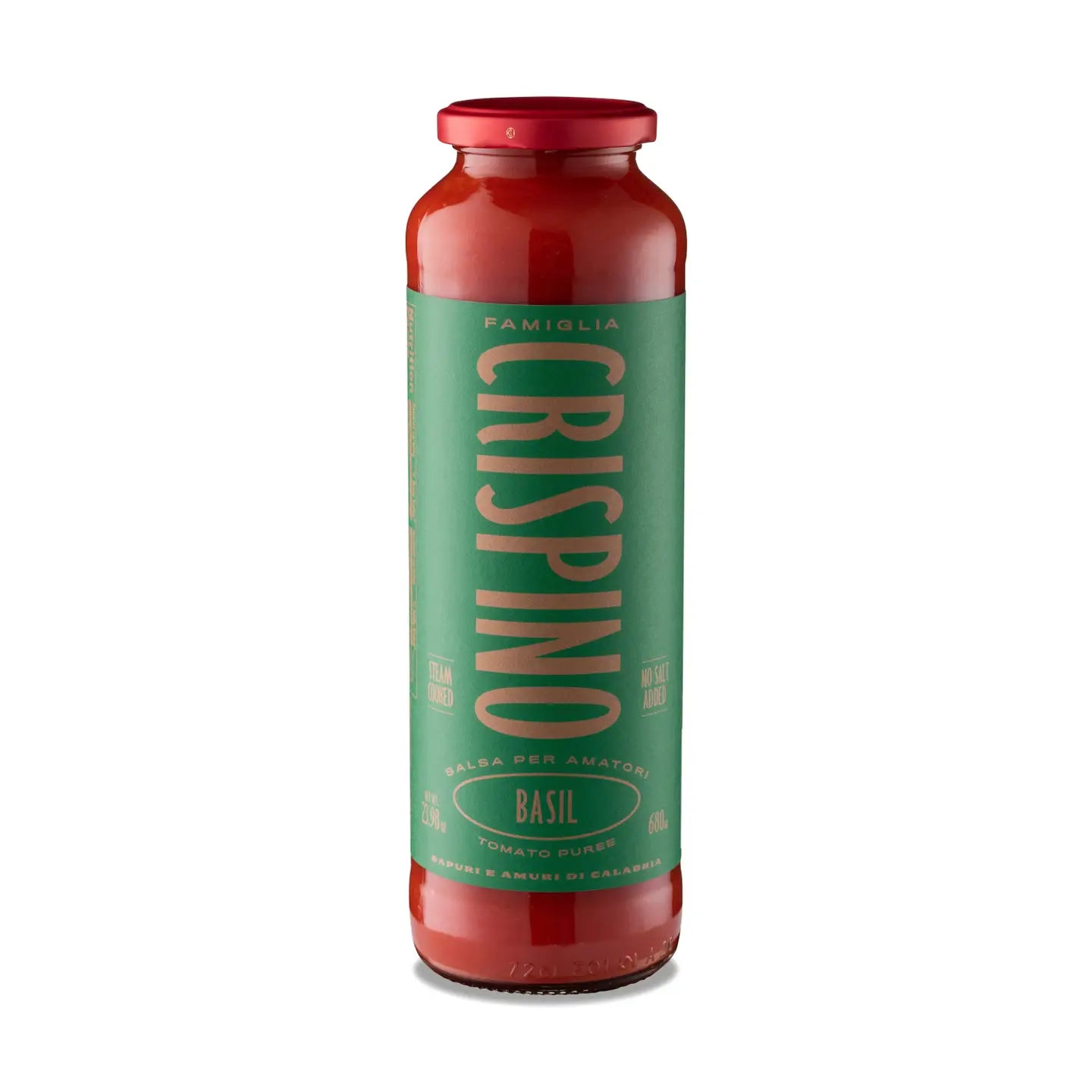 Bottle of Crispino basil sauce with a red cap on a white background