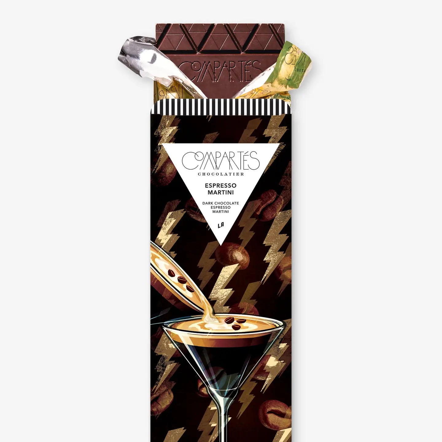 Dark chocolate bar with a martini illustration and 'Compartes' branding on a white background