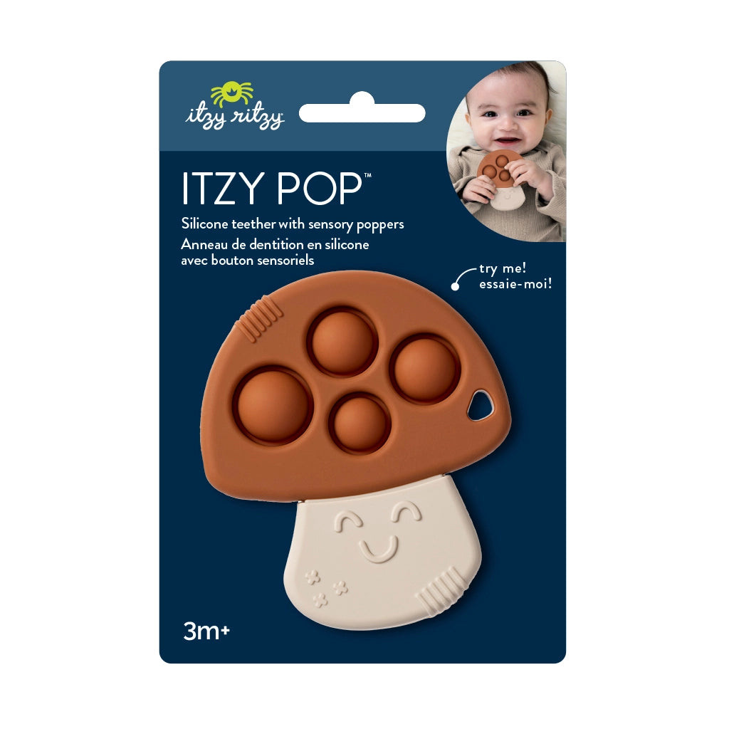 Itzy Pop mushroom-shaped silicone teether with sensory poppers on its packaging, featuring the Itzy Ritzy brand.