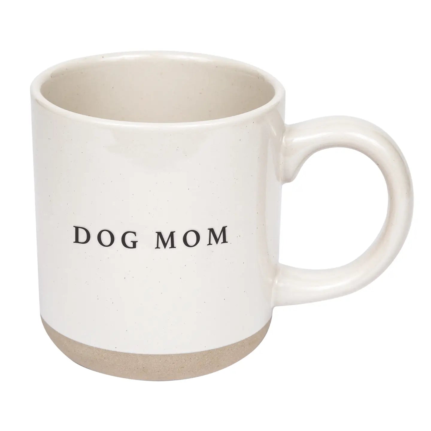 White mug with 'DOG MOM' text on a white background