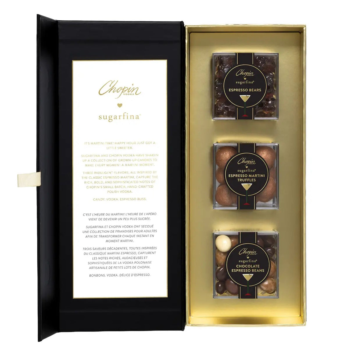 Chopin Sugafina chocolate gift set in an open black and gold presentation box, showing a printed insert card on the left and three small jars of chocolates on the right.