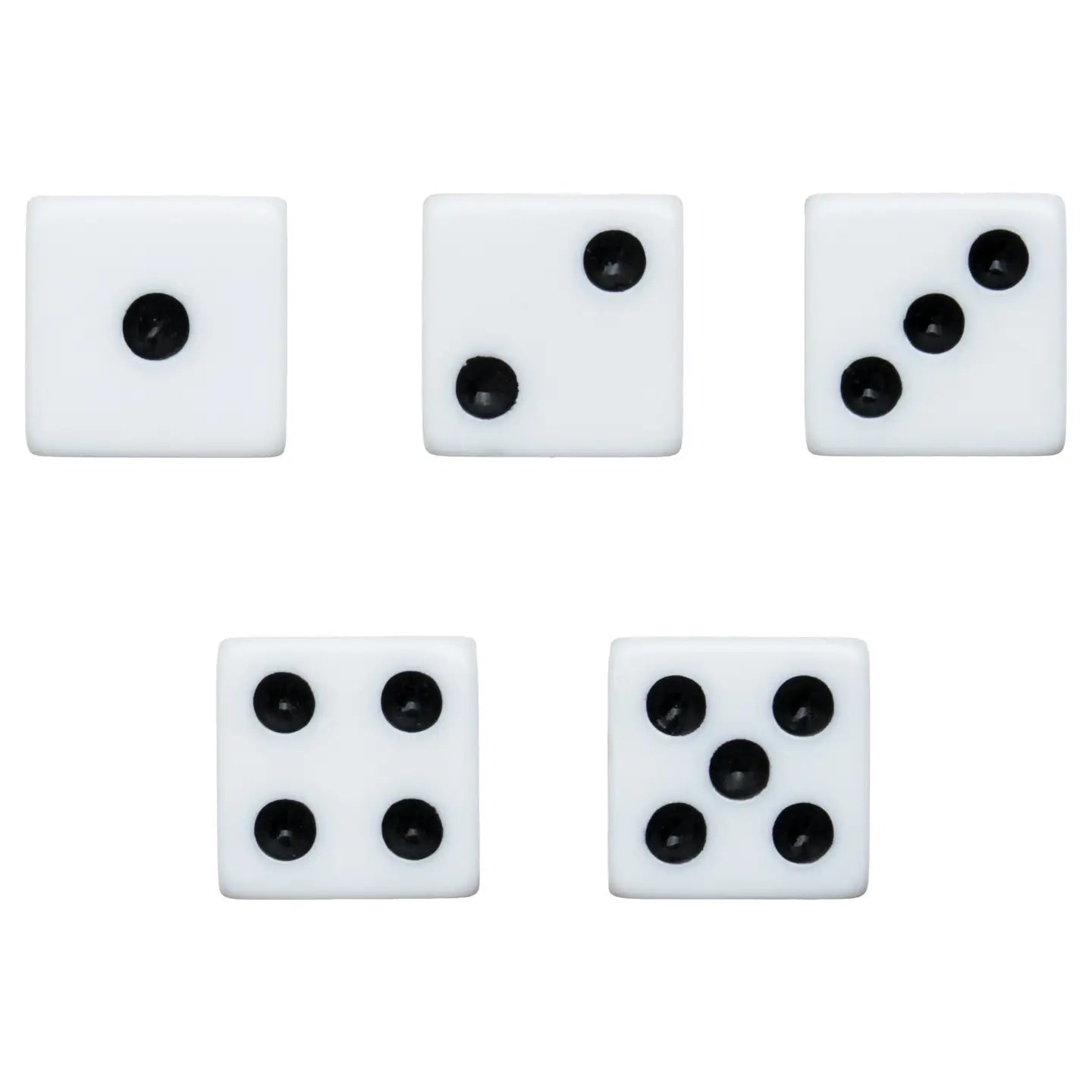 Five white dice with black dots on a white background