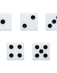 Five white dice with black dots on a white background