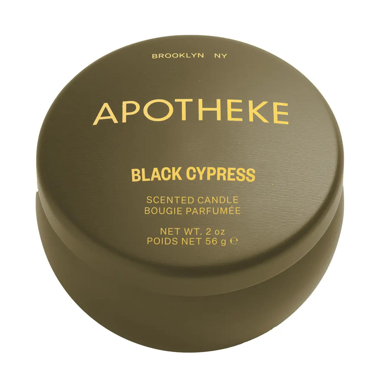 Apotheke Black Cypress scented candle container on a white background
