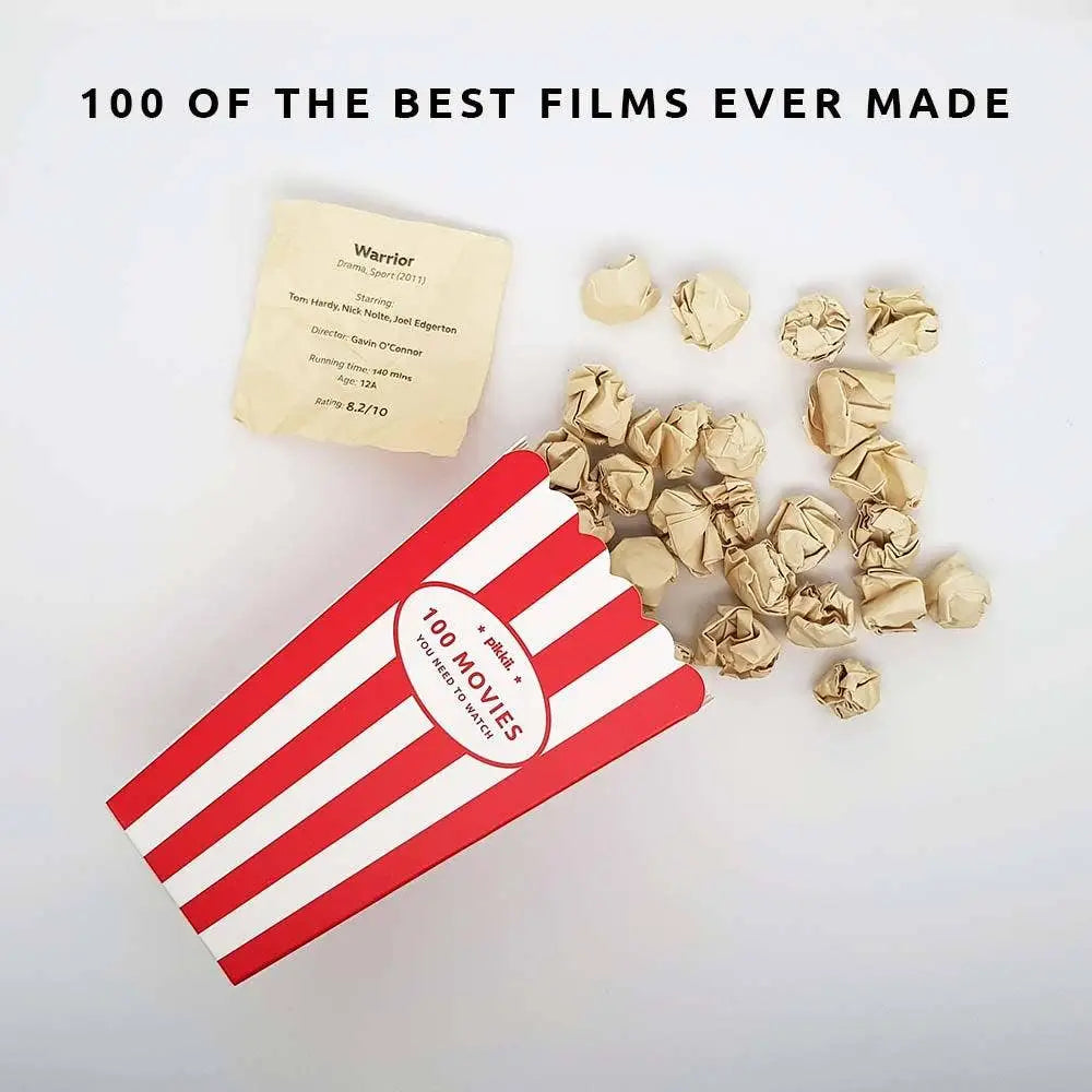 Red and white striped box with movie tickets and popcorn on a light gray background