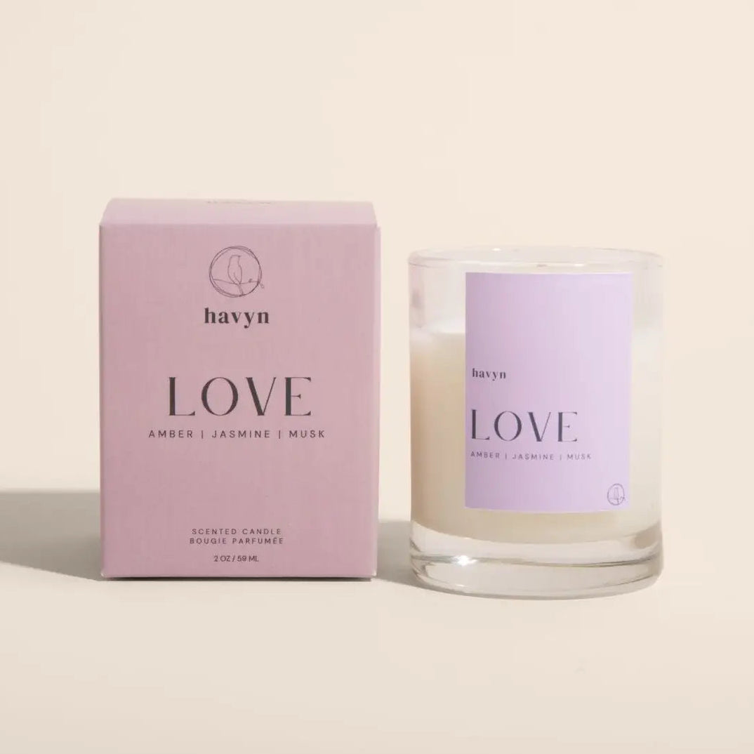 havyns love candle and box on a pink background