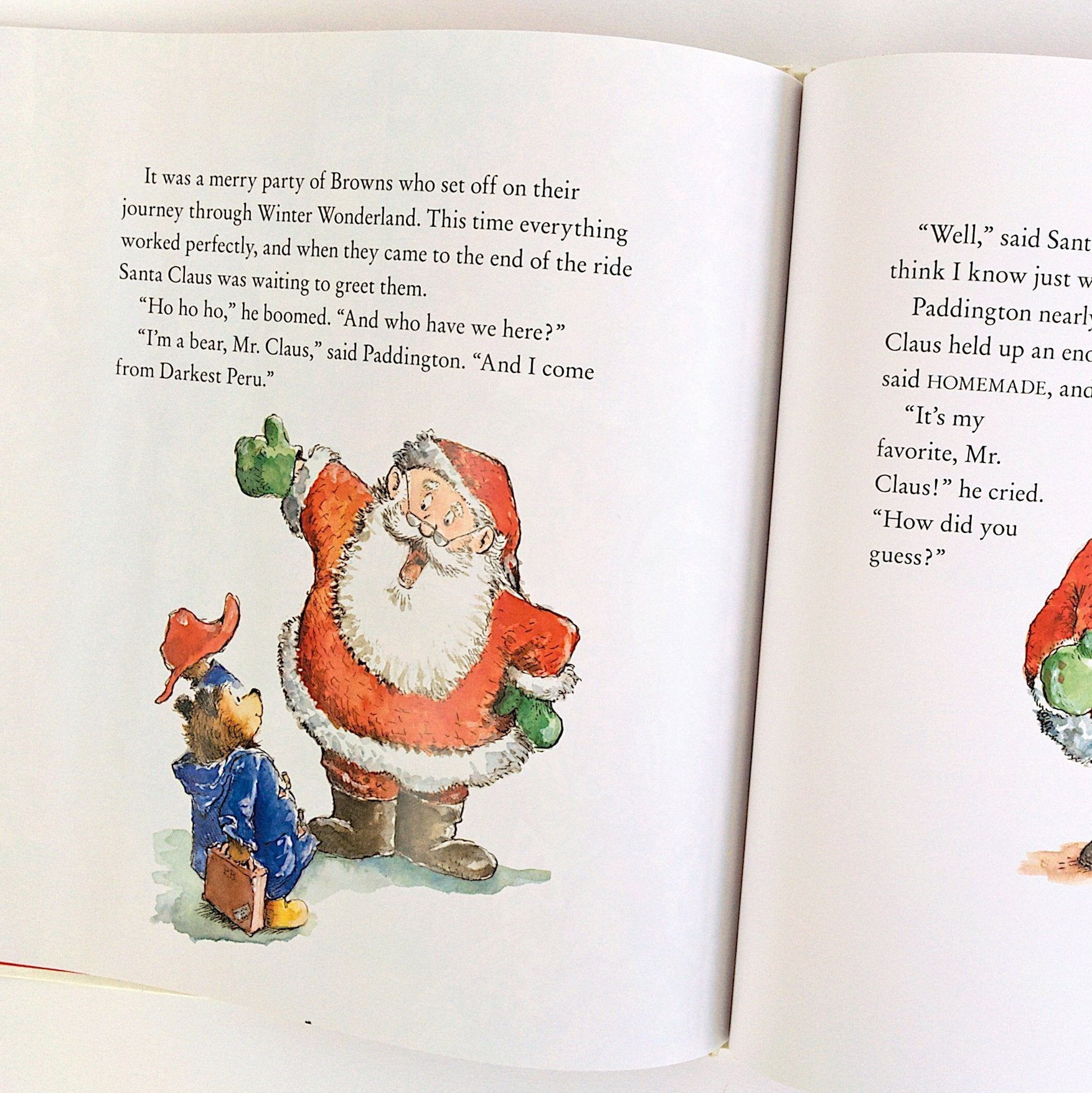 inside paddington christmas book with illustration of paddington bear talking to santa