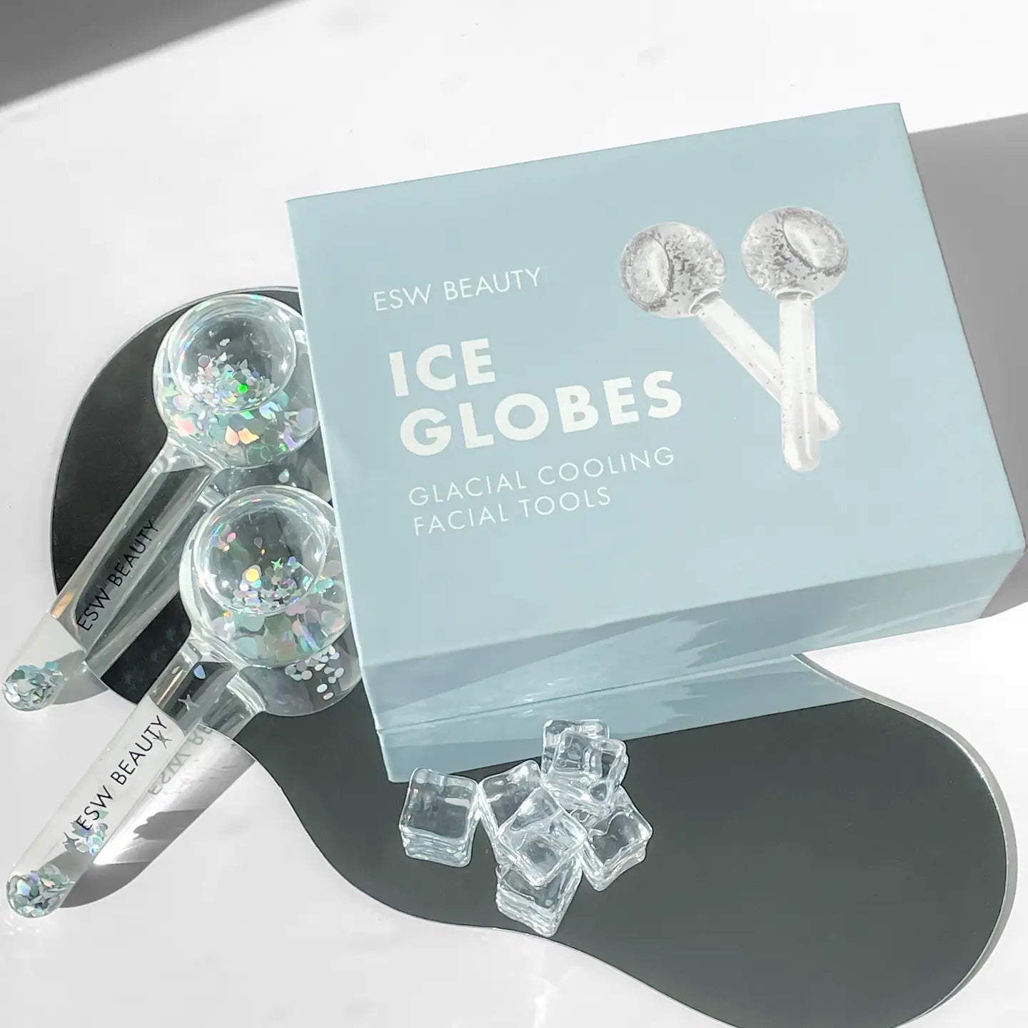 ESW Beauty Ice Globes glacial cooling facial tools with packaging on a light background