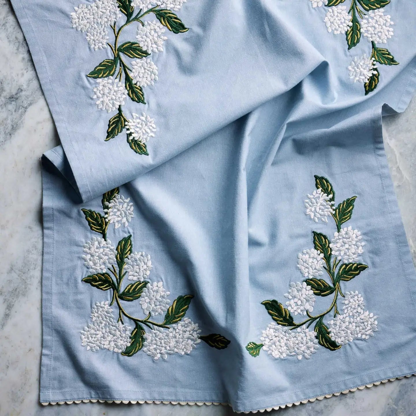 blue hydrangea embroidered tea towel