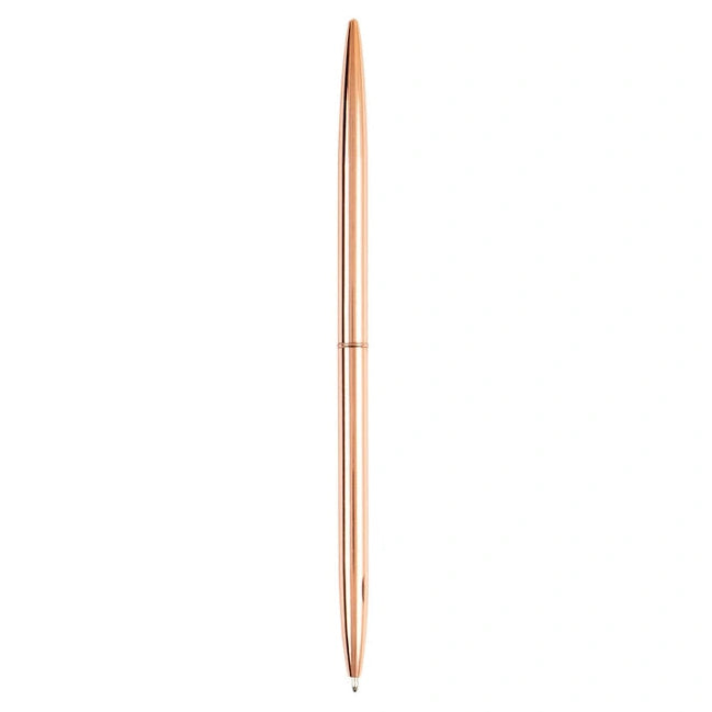 A slim, metallic rose gold pen shown vertically against a solid white background.