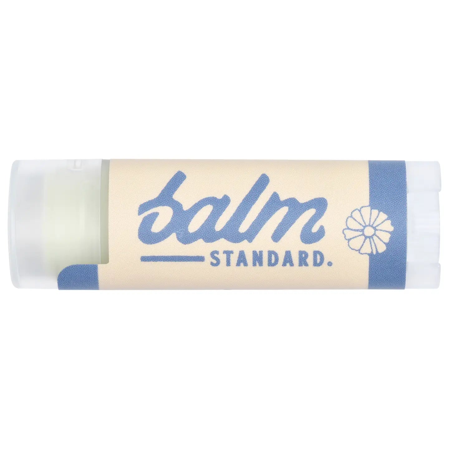 Lip balm stick with 'balm standard.' branding on a white background