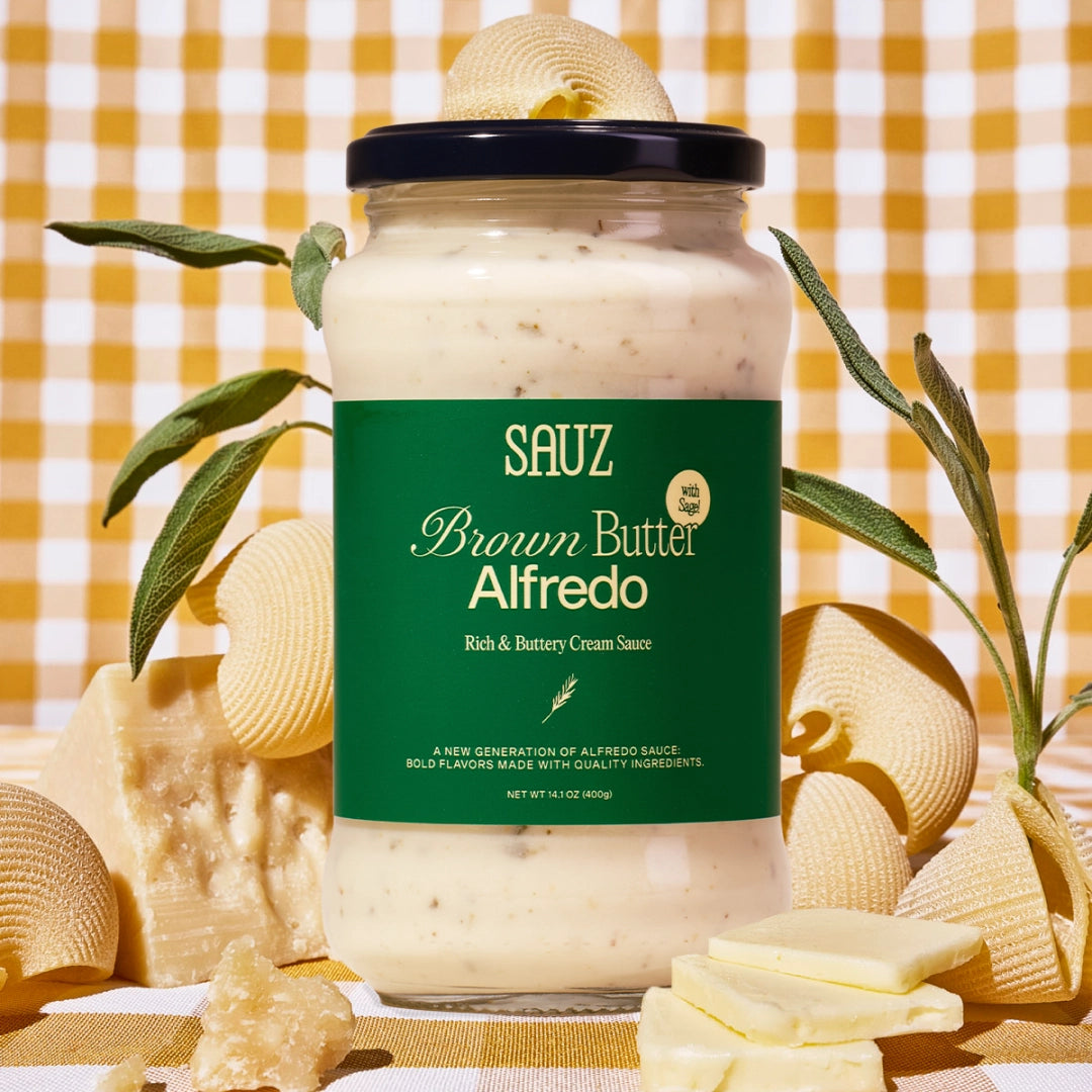 Jar of Sauz Brown Butter Alfredo sauce with a checkered background