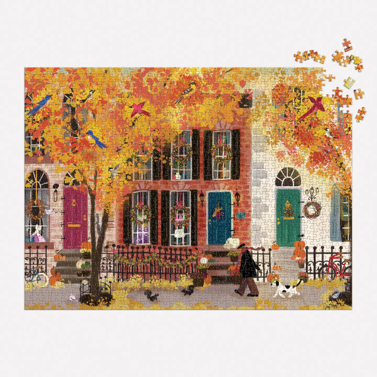 Illustration of a street scene with a house, people, and animals on a white background