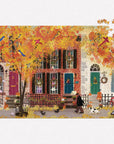 Illustration of a street scene with a house, people, and animals on a white background