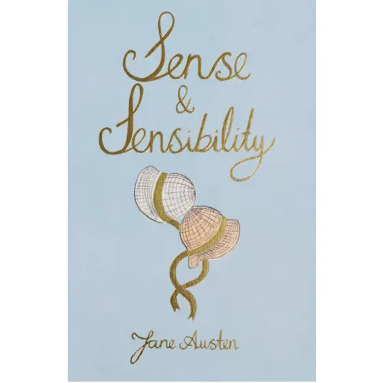 Book cover of 'Sense & Sensibility' by Jane Austen with illustrations of bonnets on a light blue background.