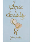 Book cover of 'Sense & Sensibility' by Jane Austen with illustrations of bonnets on a light blue background.