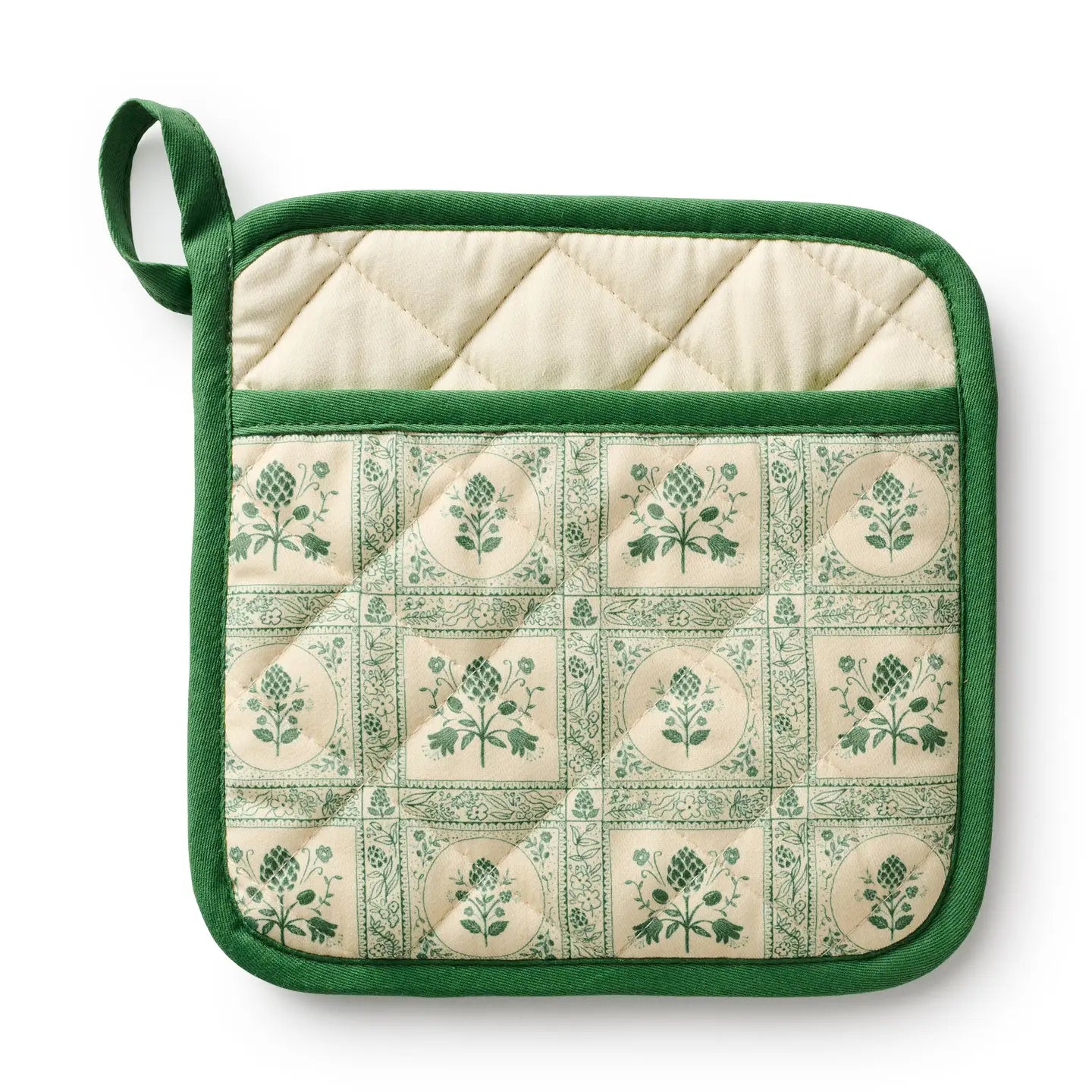 Green and beige quilted pot holder with botanical pattern on a white background