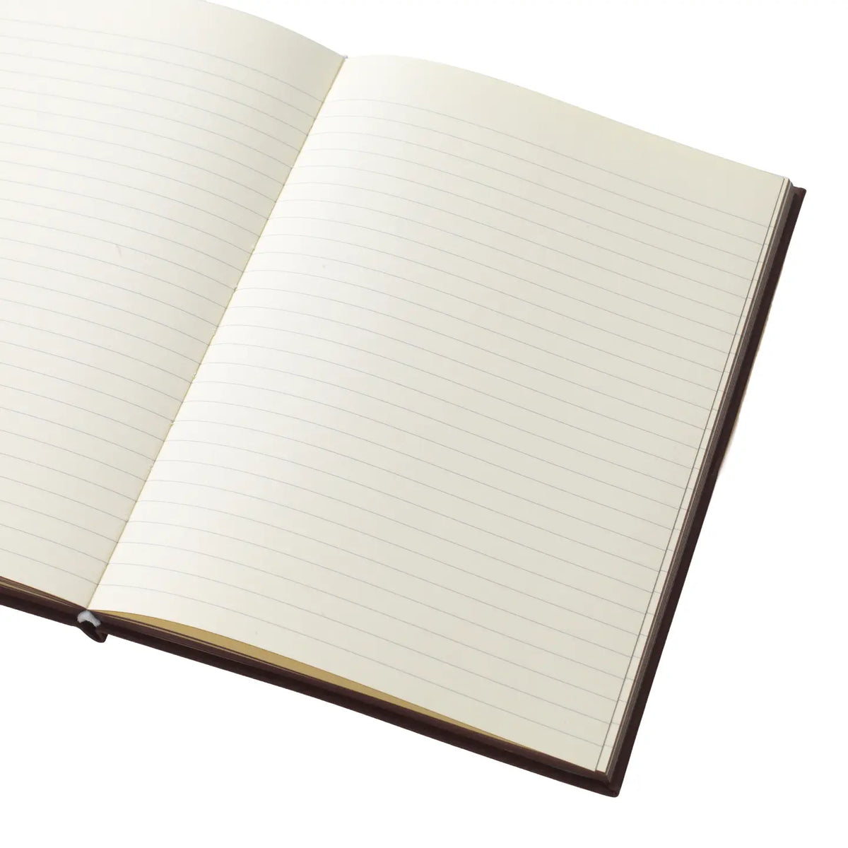 An open lined notebook with blank cream-colored pages and a dark brown cover, shown on a plain white background.