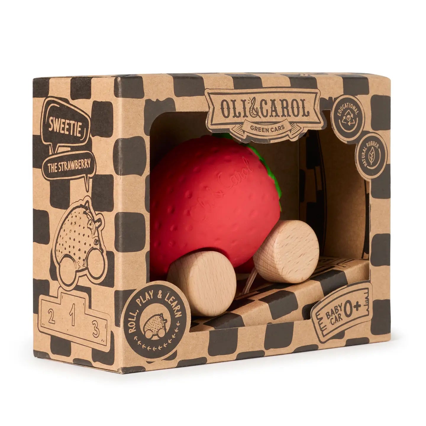 Red ball with wooden wheels in a branded box on a white background