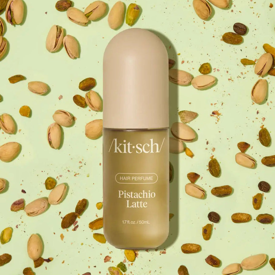kitsch pistachio latte on a green background with pistachios