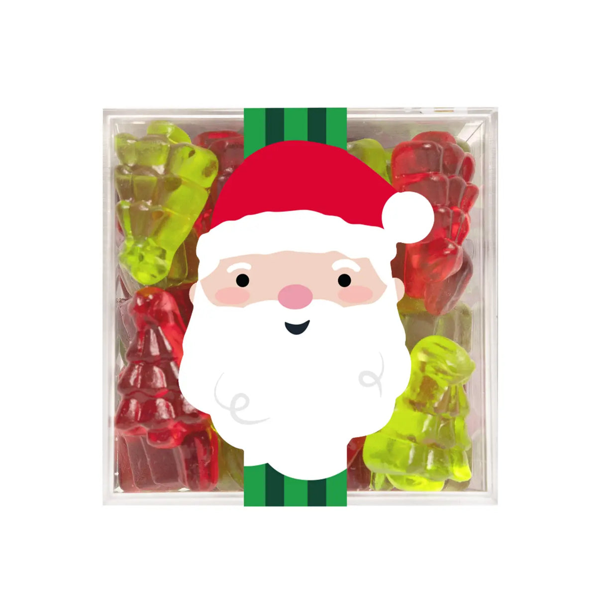 A clear square plastic box filled with colorful Christmas-themed gummy candies, including red and green bear-shaped and tree-shaped gummies, with a large Santa Claus face graphic overlaid across the center.