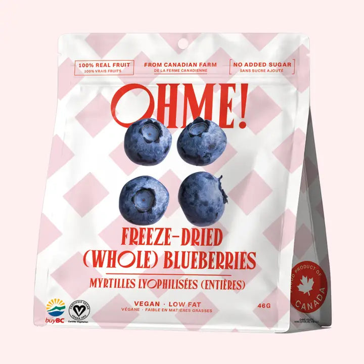 freeze dried blueberries on a pink background