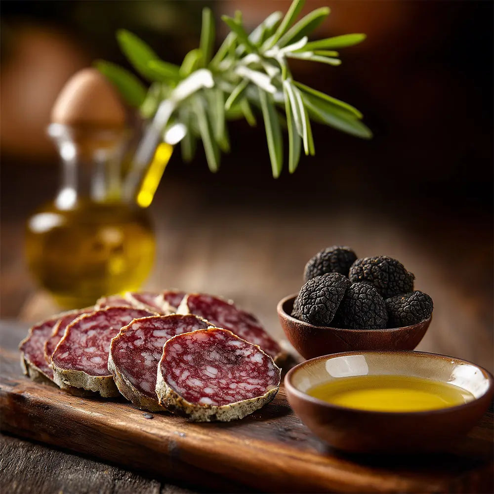 Sliced salami on a wooden board with blackberries and olive oil.