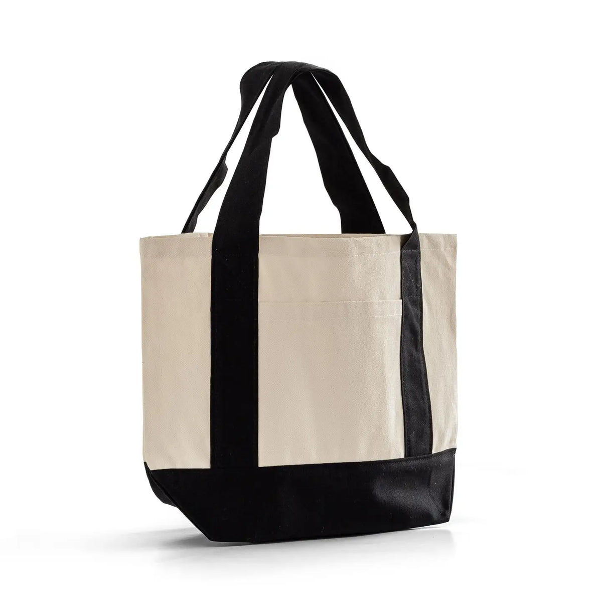 Beige tote bag with black accents on a white background