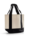 Beige tote bag with black accents on a white background