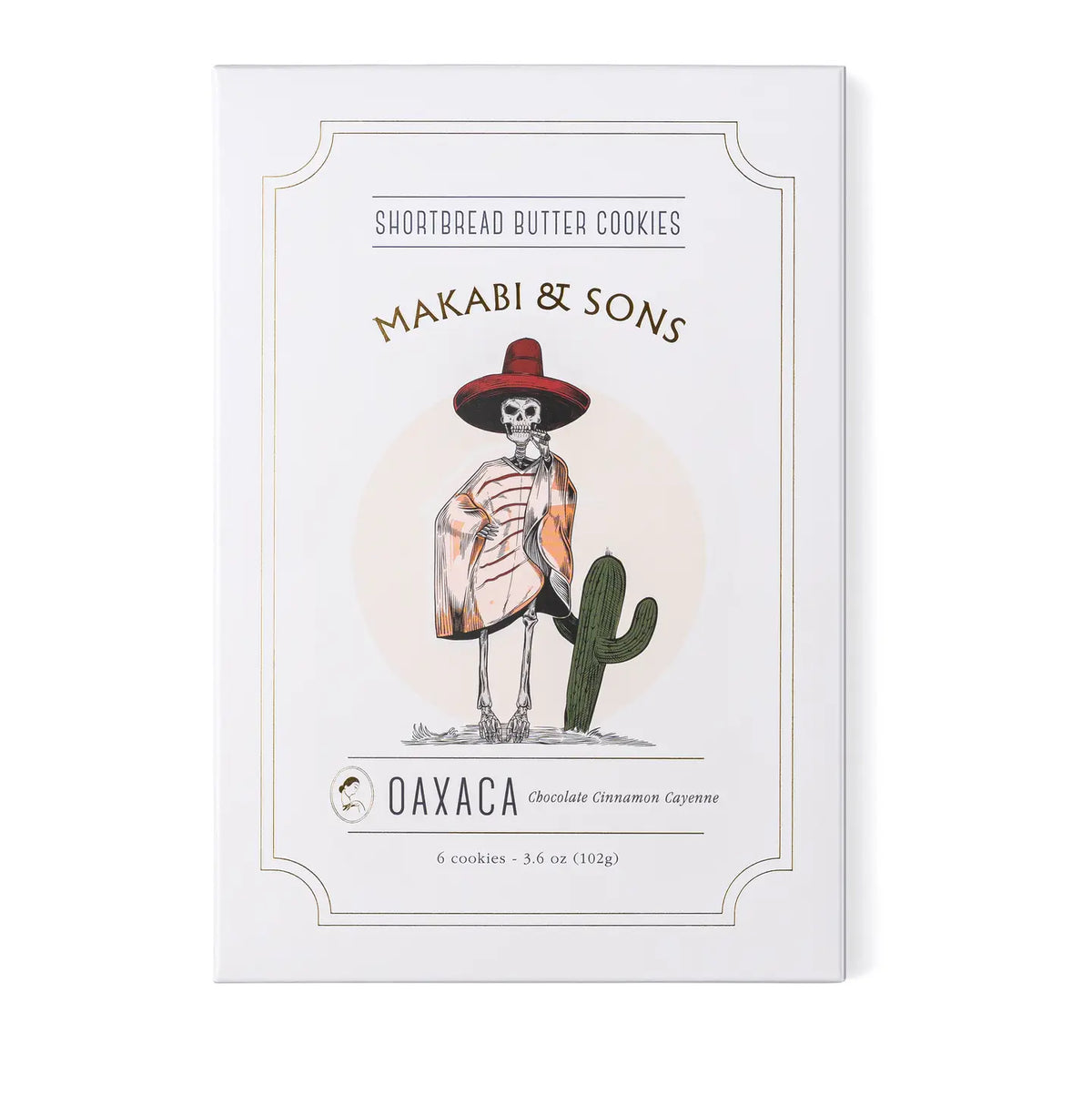 Packaging of Makabi &amp; Sons shortbread butter cookies with skeleton and cactus illustration.