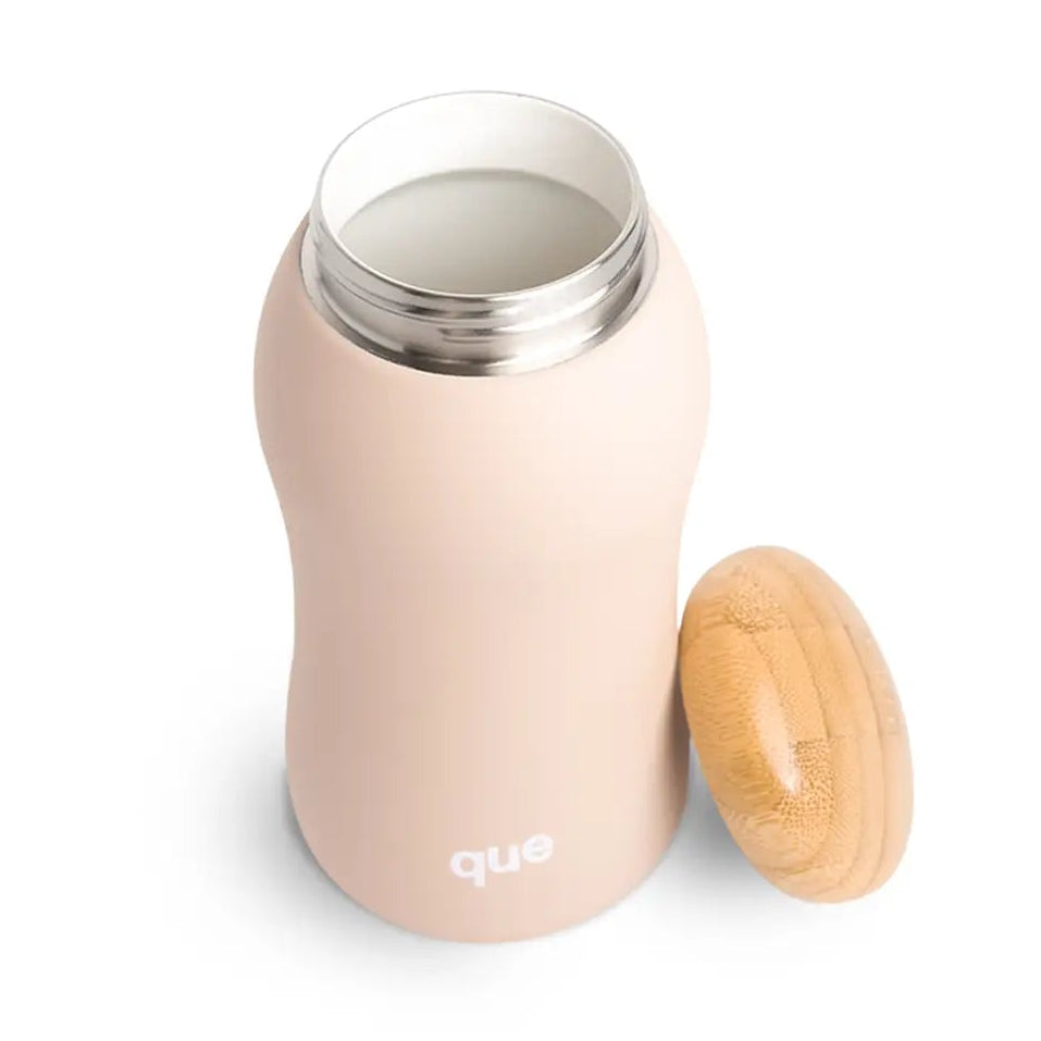 Beige thermos bottle with wooden cap on a white background