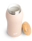 Beige thermos bottle with wooden cap on a white background