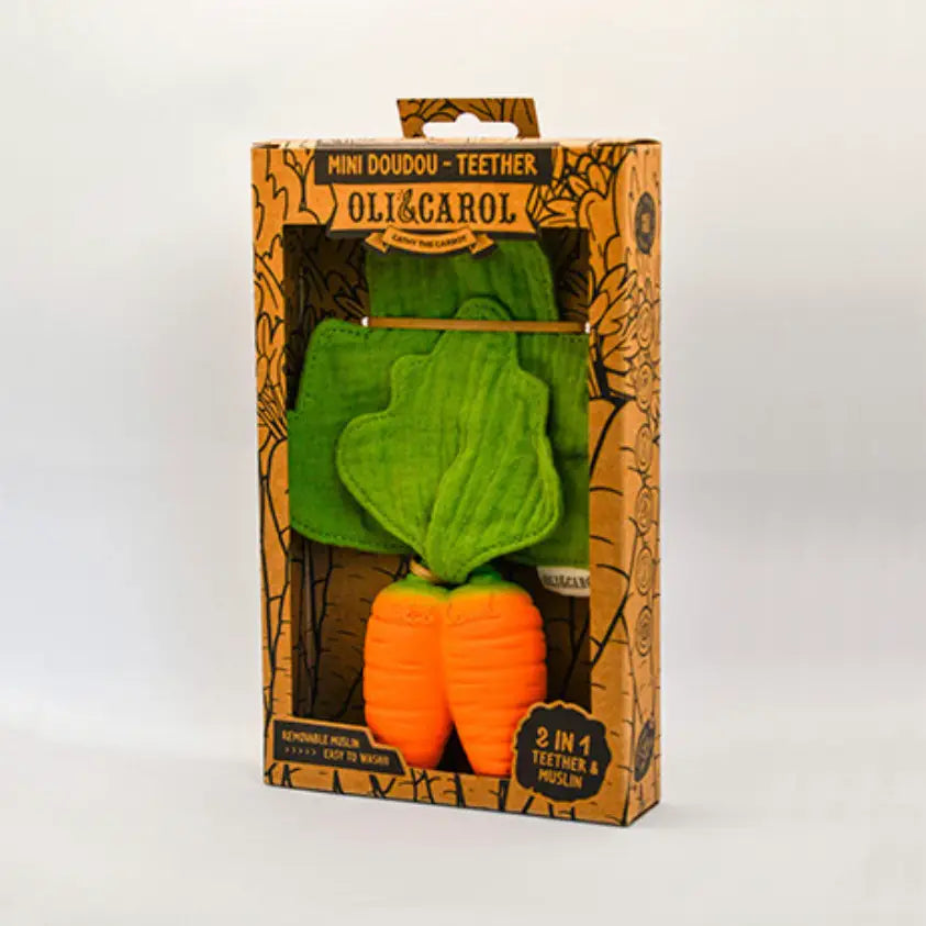 Green and orange baby teether with packaging featuring 'Oli & Carol' branding on a white background.
