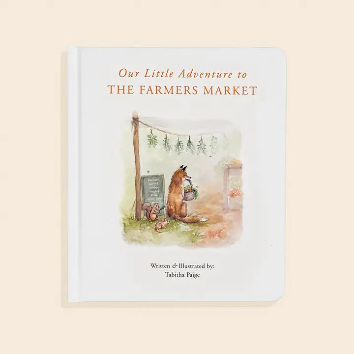 Book cover titled 'Our Little Adventure to The Farmers Market' with illustrations of animals and a market stand on a beige background.