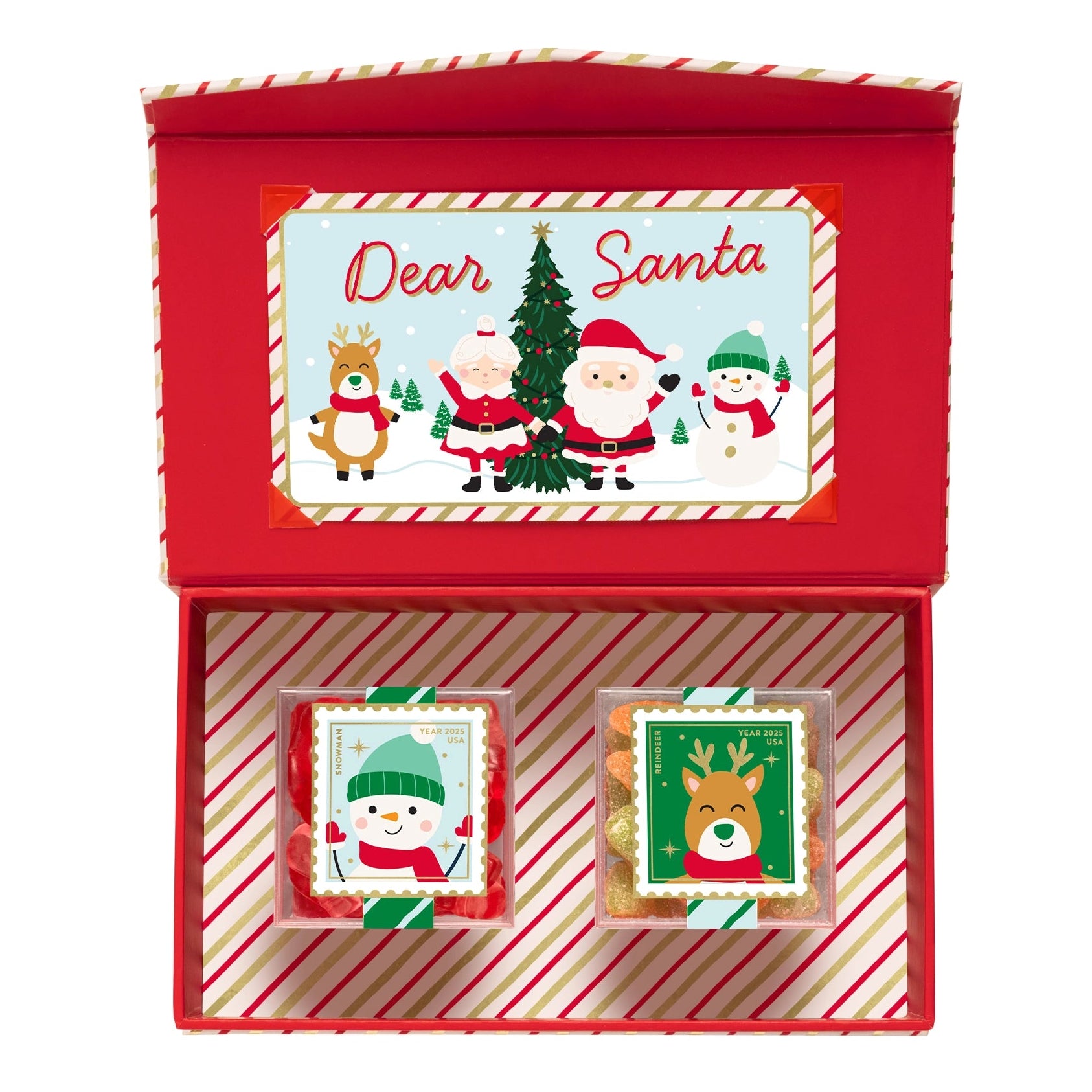 Red gift box with Christmas-themed cards featuring Santa and reindeer on a white background.