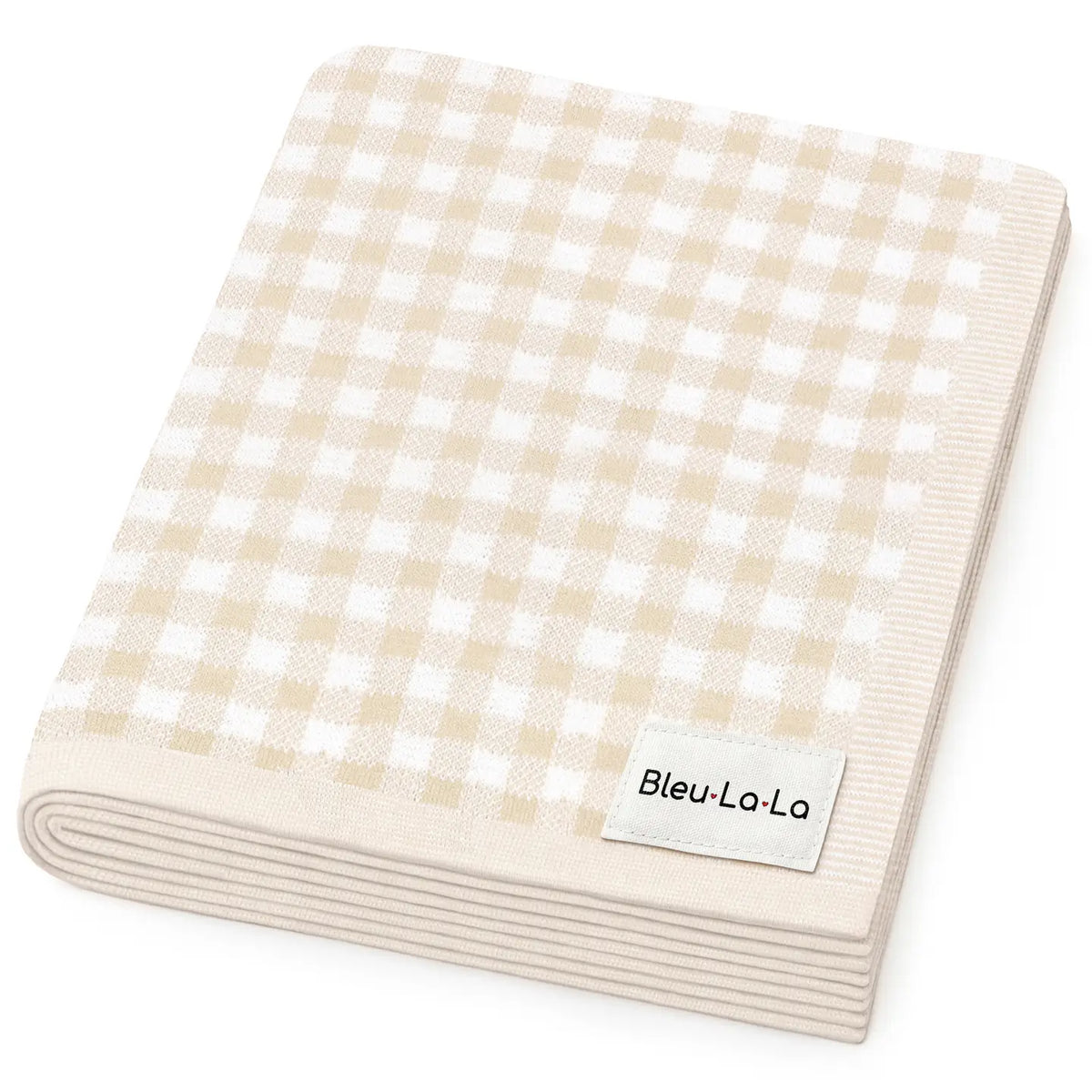 Beige and white checkered blanket with 'Bleu-La-La' label on a white background